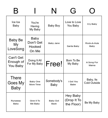 Baby V Music Bingo Card