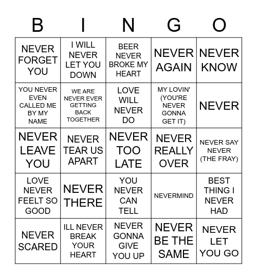 Never Bingo Card