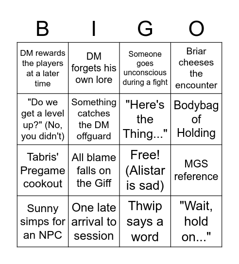 The Escapism Experience Bingo Card