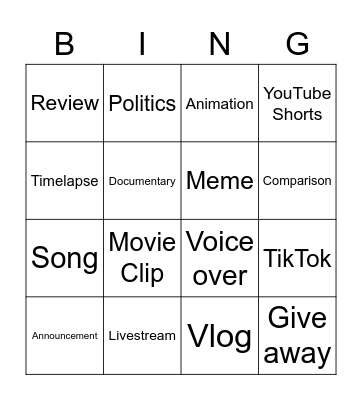 YouTube Recommended Bingo Card