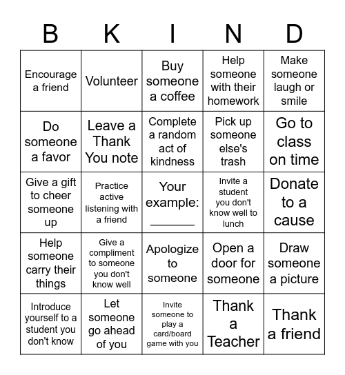 Kindness Bingo Card