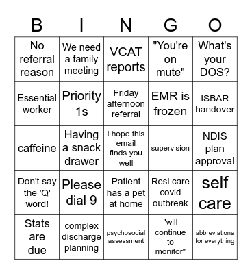 Social Work Bingo Card