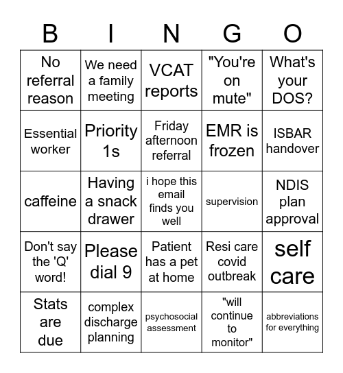 Social Work Bingo Card