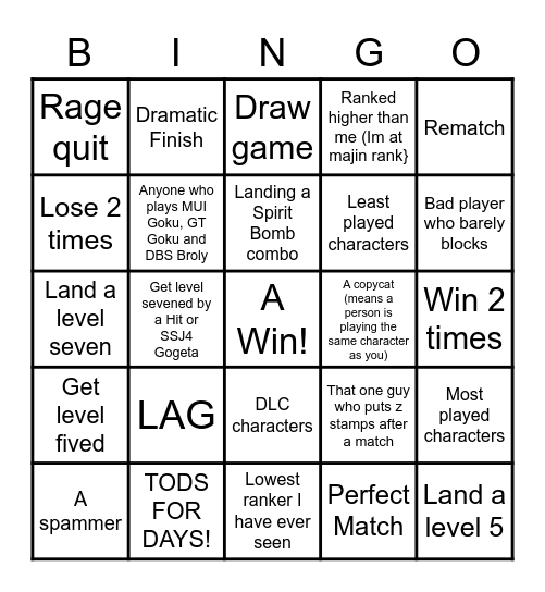 Dragon Ball Fighterz Bingo Card