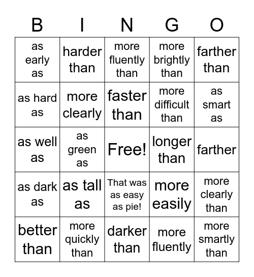 Comparison Bingo Card