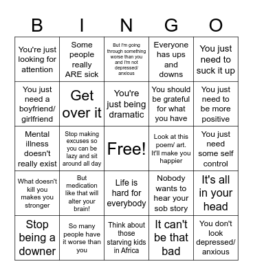 Mental Health Stigma Bingo Card