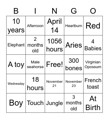 Baby Shower Bingo! Bingo Card