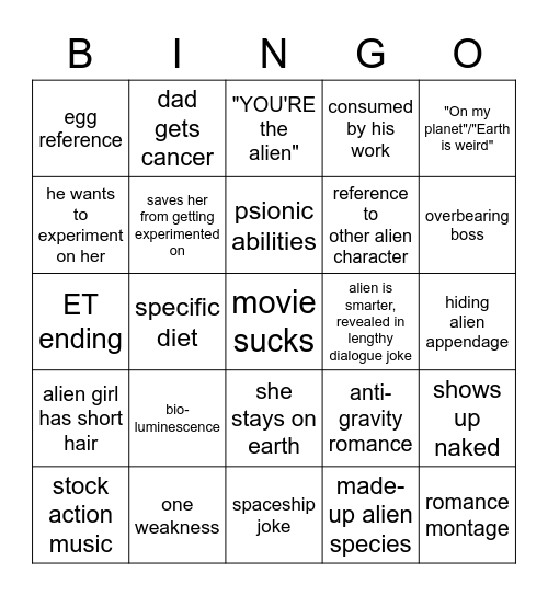 Manic Pixie Dream Alien Bingo Card