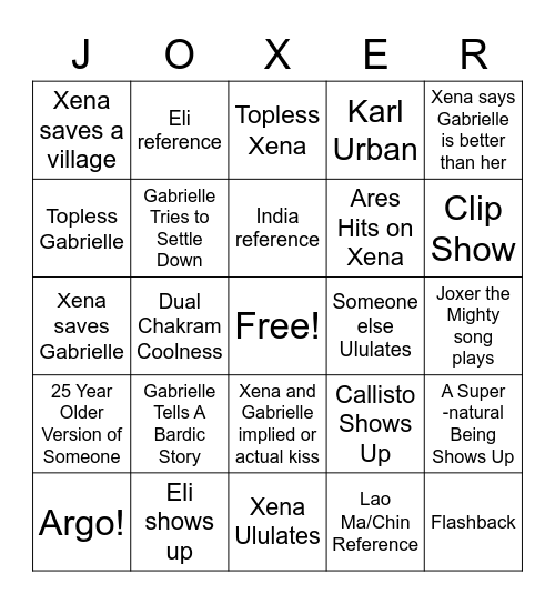 Xena N64 Bingo Card