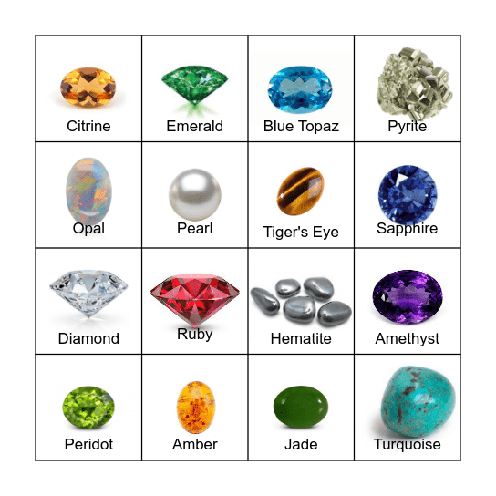 Gems and Minerals Bingo Card