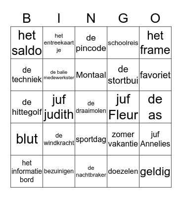 groep 5 Juffendag Bingo Card