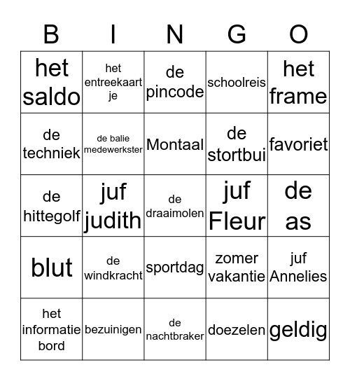 groep 5 Juffendag Bingo Card