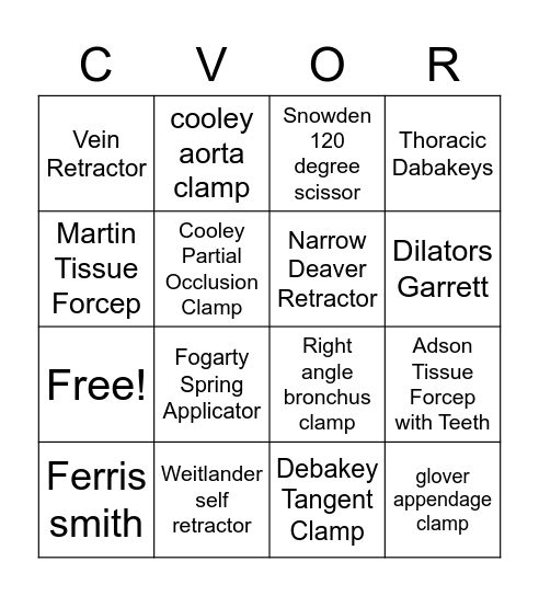 CVOR Instruments Bingo Card
