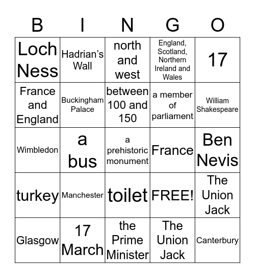 Great Britain Quiz Bingo Card