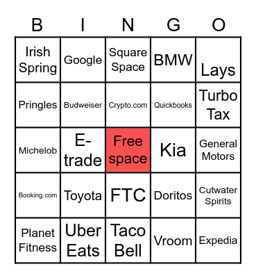 Super Bowl Commercial Bingo Card