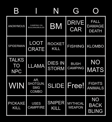 FORTNITE BINGO Card