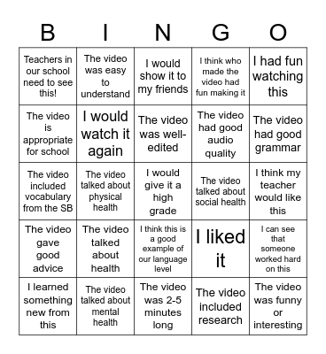 Peer feedback Bingo Card