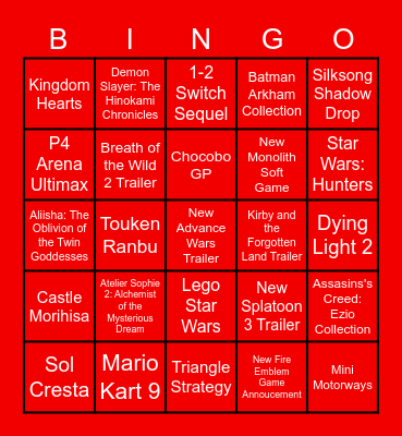 Nintendo Direct Bingo Card Bingo Card