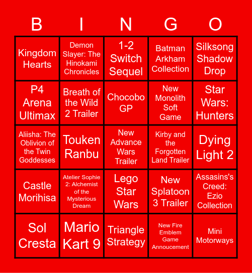 Nintendo Direct Bingo Card Bingo Card