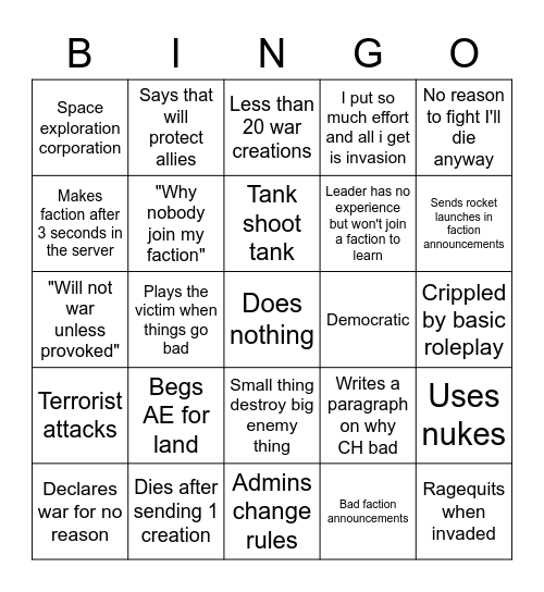 CH new faction bingo Card