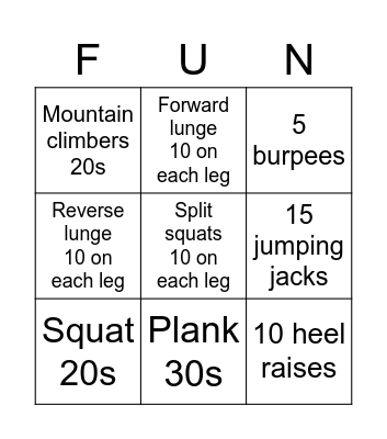 Fitness Fun Bingo Card