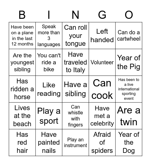 Getting to Know You! Bingo Card