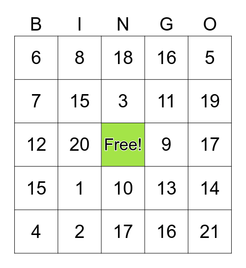 Numbers 1-21 Bingo Card
