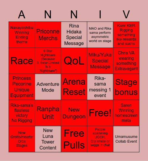 Priconne Fes Bingo Card