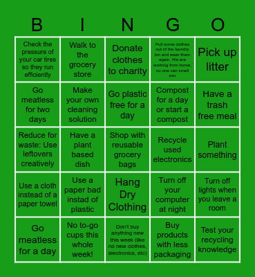 2021 Green Week Bingo Card