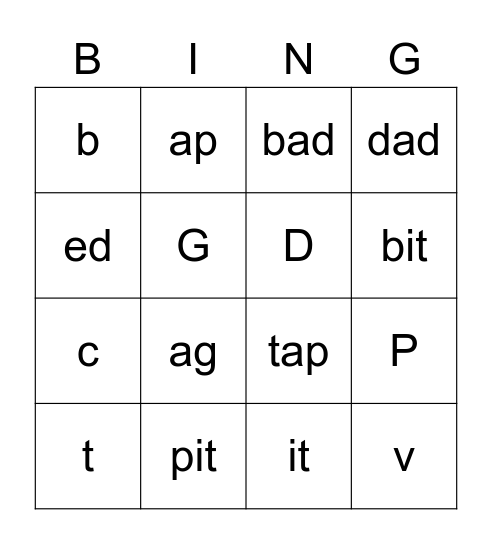 Letter Sounds and Rime Units Bingo Card