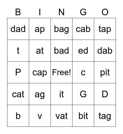 Letter Sounds and Rime Units Bingo Card