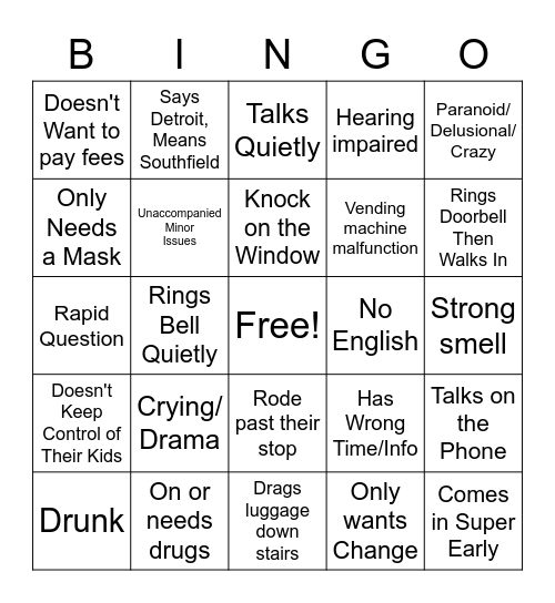 Bus Station Bingo Card