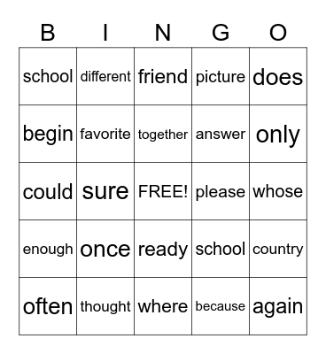 Sight Words Bingo Card