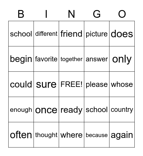 Sight Words Bingo Card