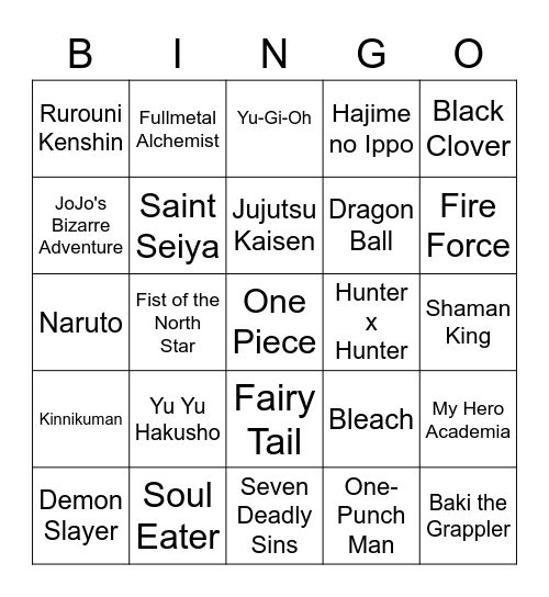 Battle Shounen Bingo Card