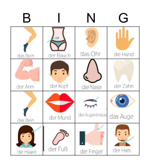 Körpeteile Bingo Card