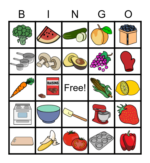 Equipment, Fruits, Vegetables Bingo Card