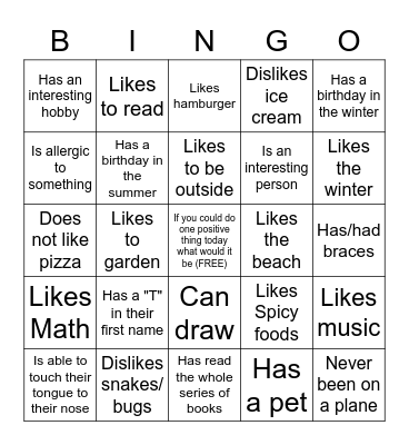 Ice Breaker Adolescent Bingo Card