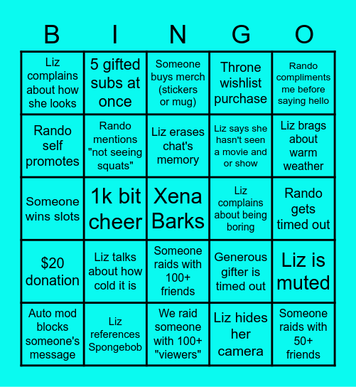 Liz XP Stream Bingo Card