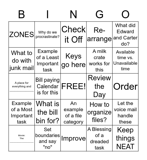 Time Managment and Organization Bingo Card