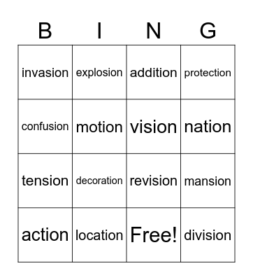 -tion and -sion Bingo Card