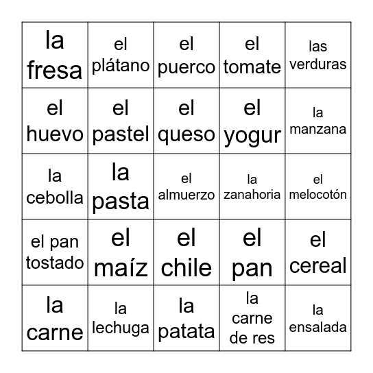 Ch 7: Food Vocab #1 Bingo Card