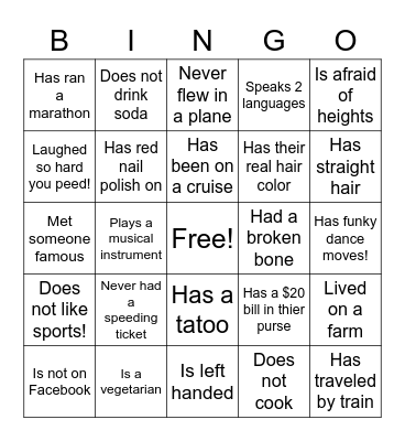 Getting To Know You! Bingo Card