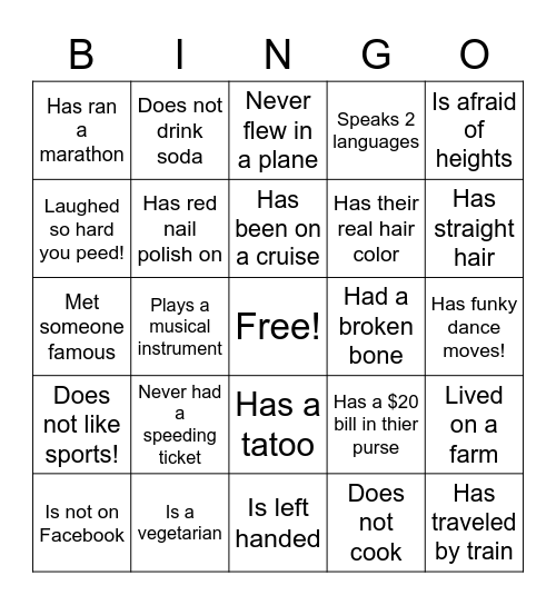 Getting To Know You! Bingo Card