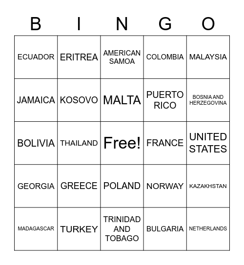 Olympic Countries Bingo Card