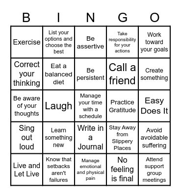 Recovery Bingo Card