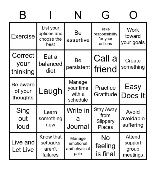 Recovery Bingo Card