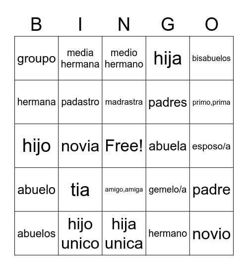 La familia y Los amigos Bingo Card