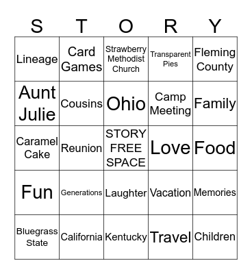 Story Family Reunion Bingo Card