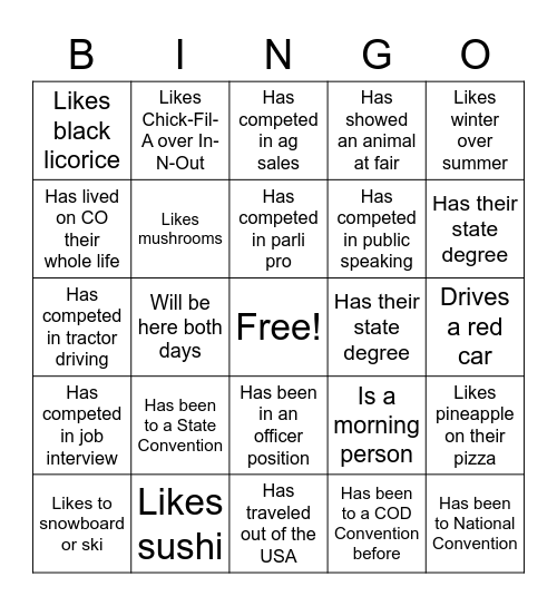 COD Convention Bingo (Find someone who...) Bingo Card